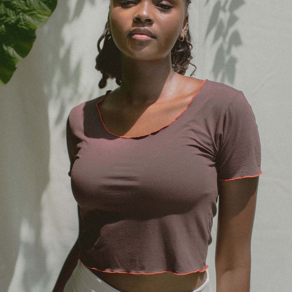 Indigo Luna Moon Tee Carob Brown Crop Top with Orange Trim